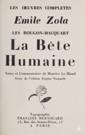 Page de titre de La Bête Humaine dans l'édition Bernouard des Œuvres complètes d'Émile Zola, avec la rose stylisée caractéristique des éditions de François Bernouard