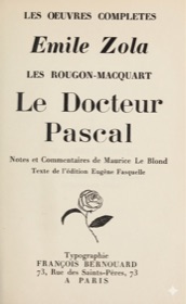 Page de titre de Le Docteur Pascal dans l'édition Bernouard des Œuvres complètes d'Émile Zola, avec la rose stylisée caractéristique des éditions de François Bernouard