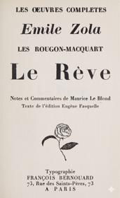 Page de titre de Le Rêve dans l'édition Bernouard des Œuvres complètes d'Émile Zola, avec la rose stylisée caractéristique des éditions de François Bernouard